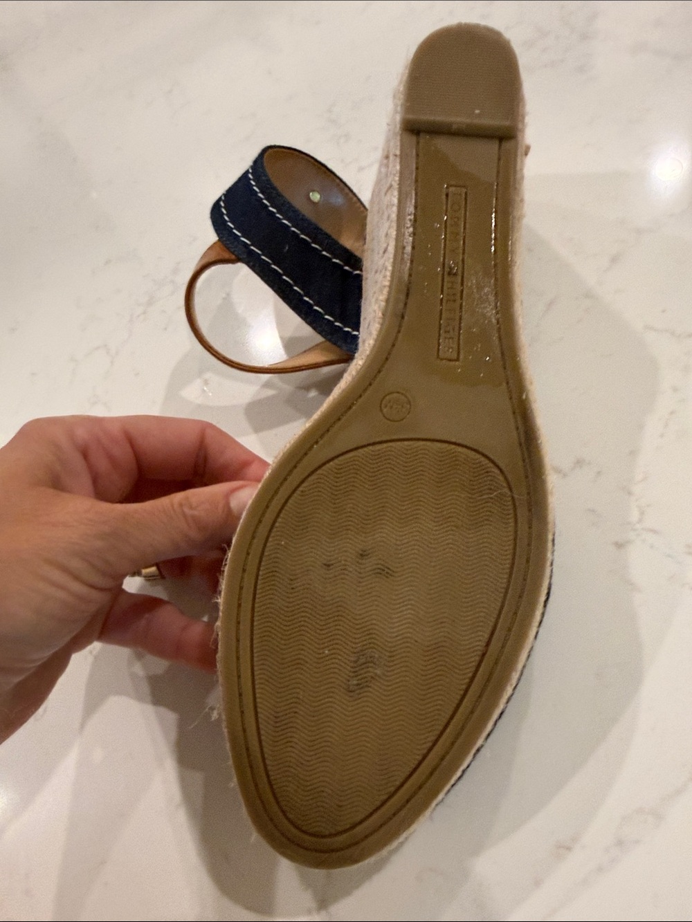 Tommy Hilfiger Navy Denim Espadrille Wedge Sandals with Tan Straps - Picture 5 of 5